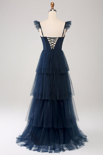 Navy Tulle Navy A Line Tiered Corset Bridesmaid Dress with Slit